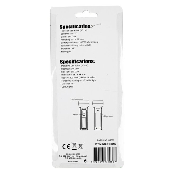 Hofftech Oplaadbare zaklamp - LED en COB - 1 watt - grijs - met USB-kabel