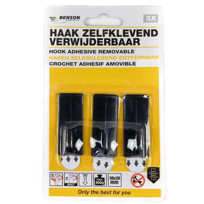 Benson Zelfklevende en verwijderbare haken - 5x2 cm - zwart - 3 stuks