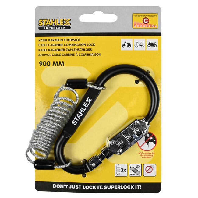 Stahlex Kabelslot met cijferslot - Karabijn - Ø 2,5 x 900 mm - Zwart - Compact en veilig