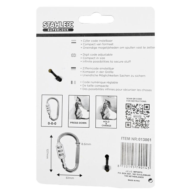 Stahlex Kabelslot met cijferslot - Karabijn - Ø 2,5 x 900 mm - Zwart - Compact en veilig