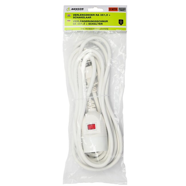 Benson Verlengsnoer - 1-voudig - Randaarde - Schakelaar - 5 meter - Wit