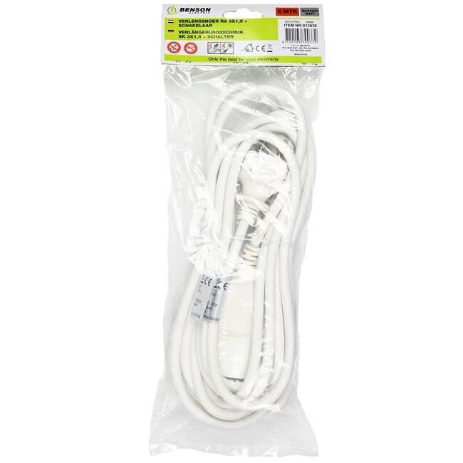 Benson Verlengsnoer - 1-voudig - Randaarde - Schakelaar - 5 meter - Wit