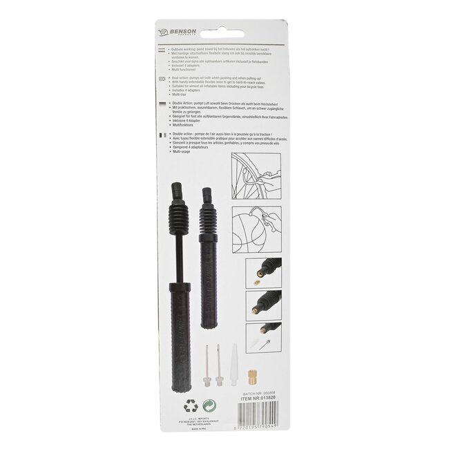 Benson Handpomp Dual Action - Dubbele werking - Inclusief 4 adapters - Flexibele slang - Compact en draagbaar
