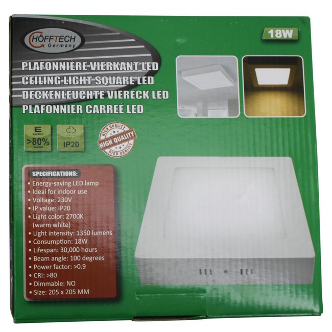 Hofftech Vierkante LED plafondlamp - warm wit licht - 22 x 22 cm - 18W - 1350 lumen