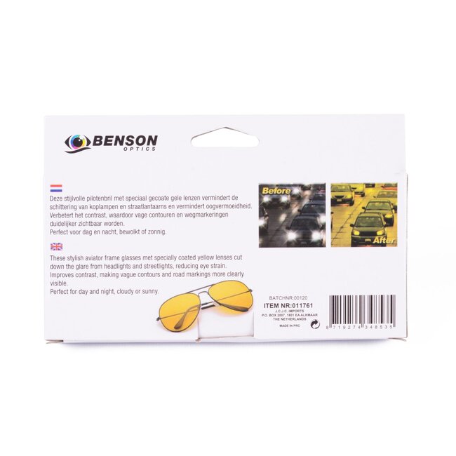 Benson Pilotenbril - Nachtzicht - Gele lenzen - Vermindert schittering - Comfortabel ontwerp
