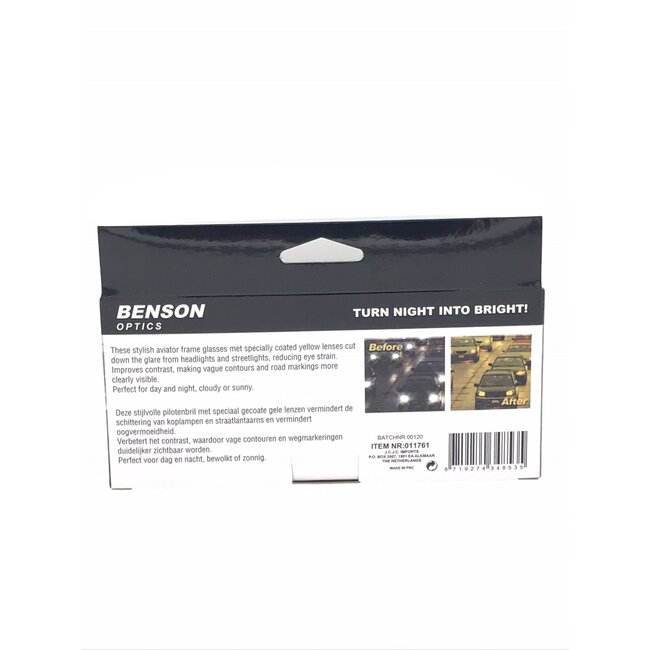 Benson Pilotenbril - Nachtzicht - Gele lenzen - Vermindert schittering - Comfortabel ontwerp