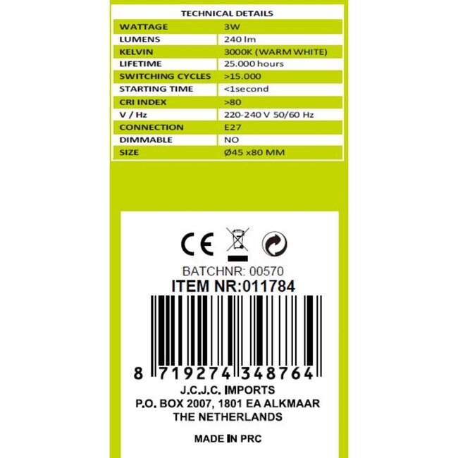 Benson Energiezuinige LED bol - 3W - E27 - warm wit - lange levensduur