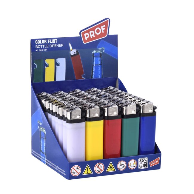 Prof Wegwerpaansteker met flessenopener - 50 stuks - Regelbare vlam - Diverse kleuren - 8 x 2.4 x 0.8 cm