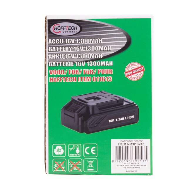 Hofftech Reserve accu 16V - 1300 mAh - Voor boormachine 011613 - Li-ion - Duurzaam en betrouwbaar