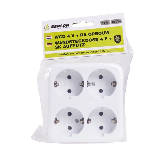 Benson Wandcontactdoos opbouw - 4-voudig - randaarde - wit - 107x102x43 mm