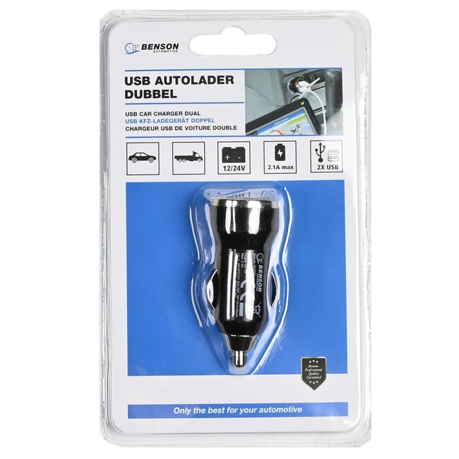 Benson Autolader - 2 USB-poorten - 12-24V - 2.1A - Zwart