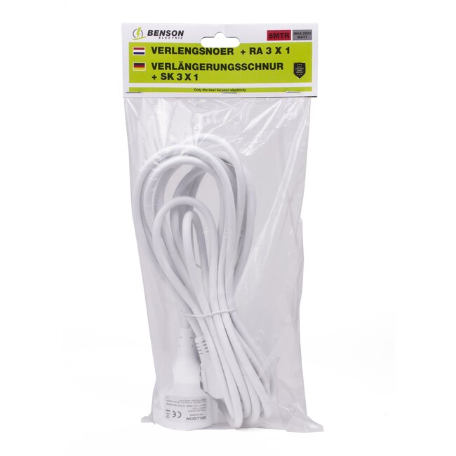Benson Verlengsnoer - 1-voudig - Randaarde - 5 meter - Wit