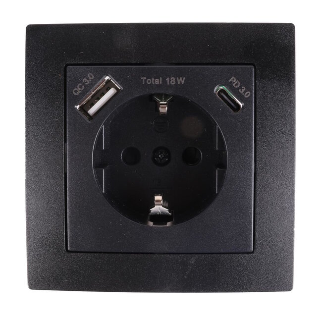 Benson Stopcontact met randaarde en USB A/C - Inbouw - Zwart