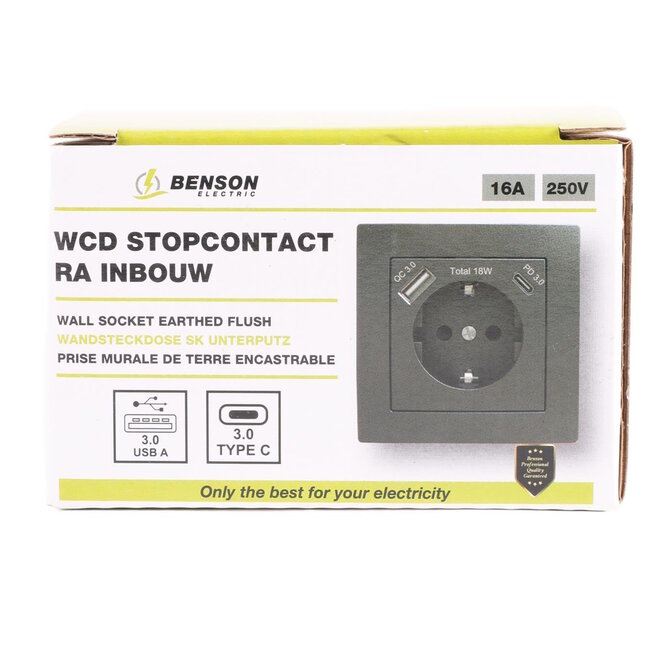 Benson Stopcontact met randaarde en USB A/C - Inbouw - Zwart