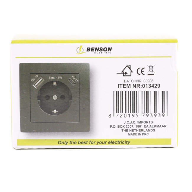Benson Stopcontact met randaarde en USB A/C - Inbouw - Zwart