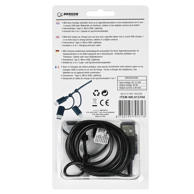 Benson Autolader 2.4A - USB 3-in-1 Kabel - 1.5 meter - 12-24V - Zwart