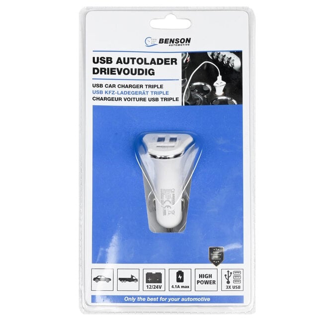 Benson Autolader - 3 USB-poorten - 4.1A - 12-24V - Wit