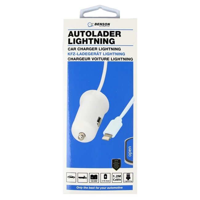 Benson Autolader met Lightning kabel - 1.2 meter - 12-24v - 2.1A - wit