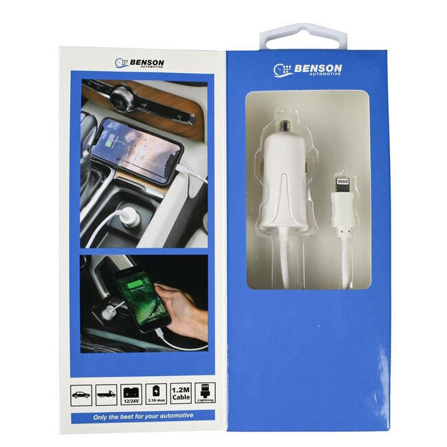Benson Autolader met Lightning kabel - 1.2 meter - 12-24v - 2.1A - wit