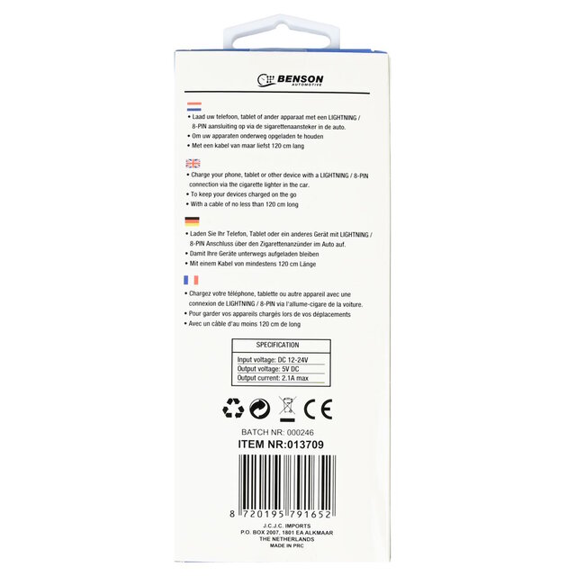 Benson Autolader met Lightning kabel - 1.2 meter - 12-24v - 2.1A - wit