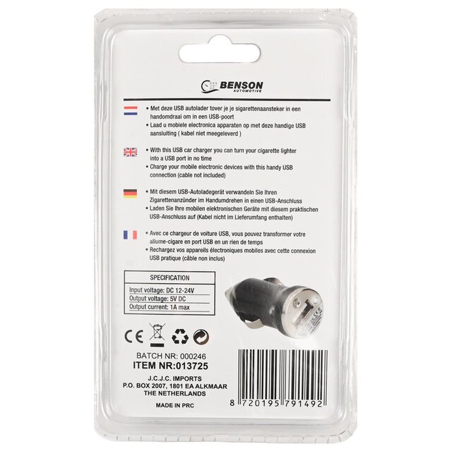 Benson Compacte autolader - USB 1A - 12-24V - Zwart - Kunststof