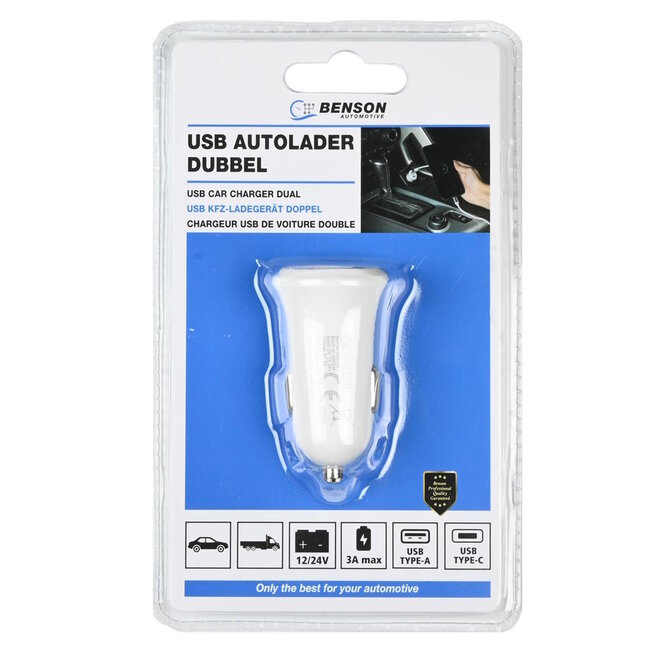 Benson Autolader - USB A en Type-C - 3A - 12-24V - Wit - Snel en Efficiënt Opladen