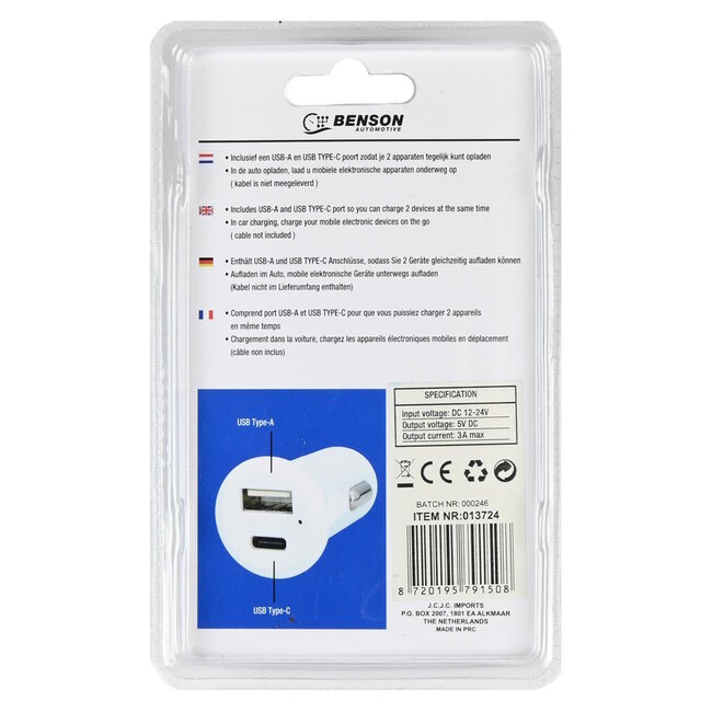 Benson Autolader - USB A en Type-C - 3A - 12-24V - Wit - Snel en Efficiënt Opladen