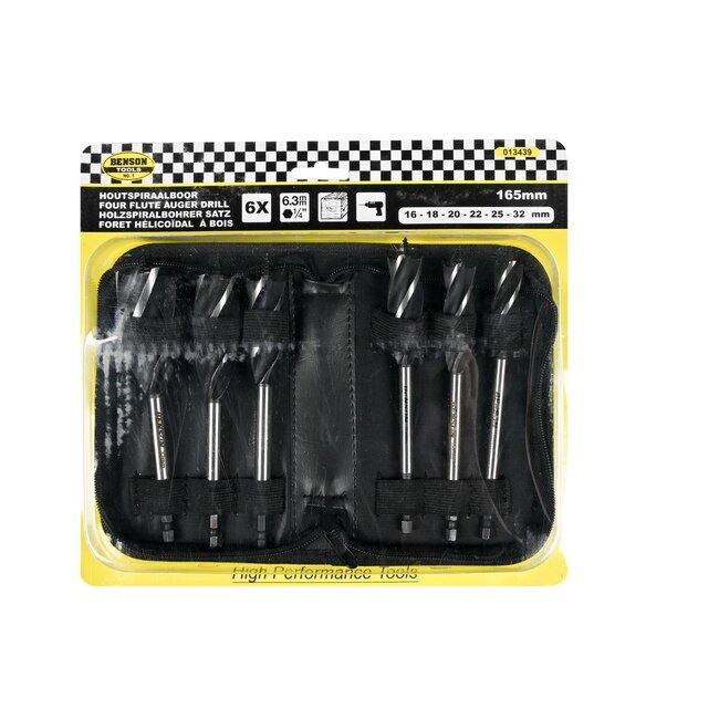 Benson Houtspiraalboor set - 4 voorsnijders - 6 maten - 165 mm - staal