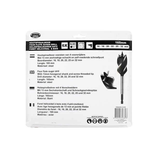 Benson Houtspiraalboor set - 4 voorsnijders - 6 maten - 165 mm - staal