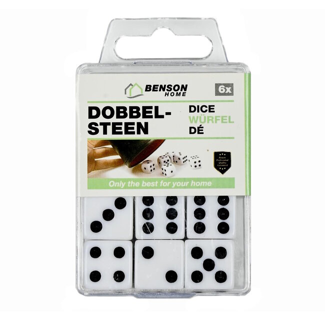 Benson Set dobbelstenen - wit - 6 stuks - 1,5 cm - zwarte ogen