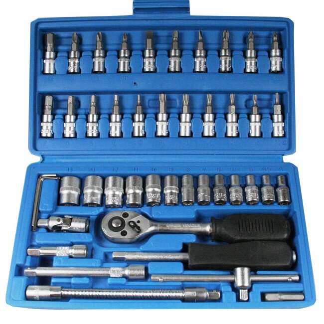 Benson 46-delige dopsleutelset - chroom-vanadium - ratel met antisleepgreep - 4 t/m 14 mm