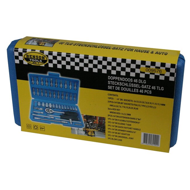 Benson 46-delige dopsleutelset - chroom-vanadium - ratel met antisleepgreep - 4 t/m 14 mm