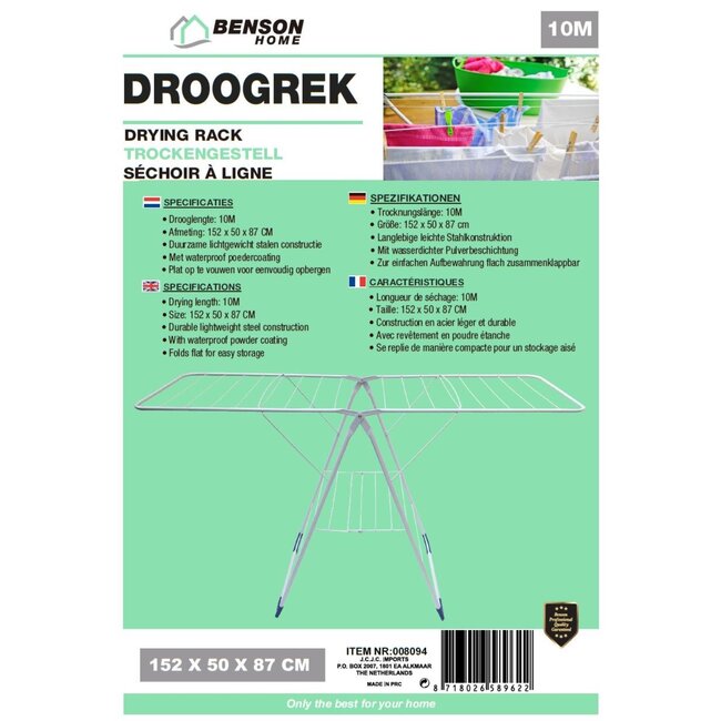 Benson Opvouwbaar droogrek - duurzaam staal - waterdichte coating - 152 x 50 x 87 cm - wit