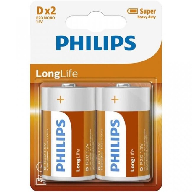 Philips D batterijen - Zinkchloride - Langdurige energie - Milieuvriendelijk - 2 stuks