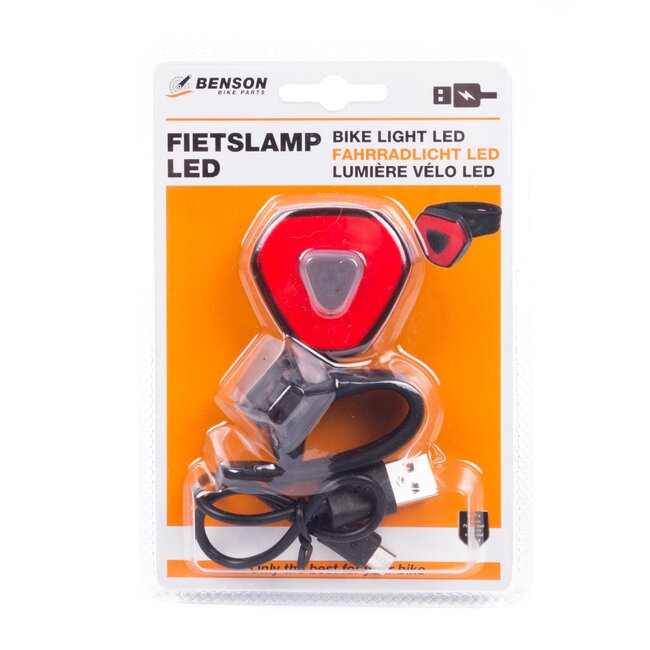 Benson USB-oplaadbare LED fietslamp - regenwaterdicht - rood - 3 lichtstanden - 3 knipperstanden