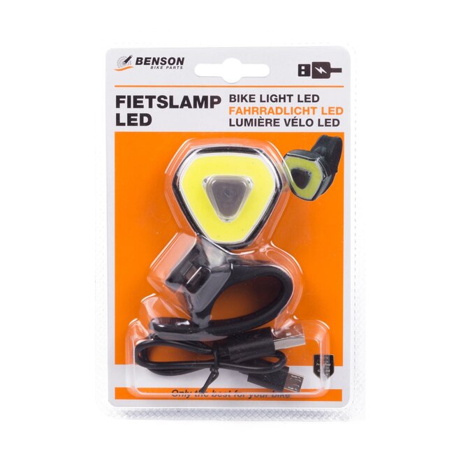 Benson USB-oplaadbare LED fietslamp - regenwaterdicht - wit - 3 lichtstanden - 3 knipperstanden