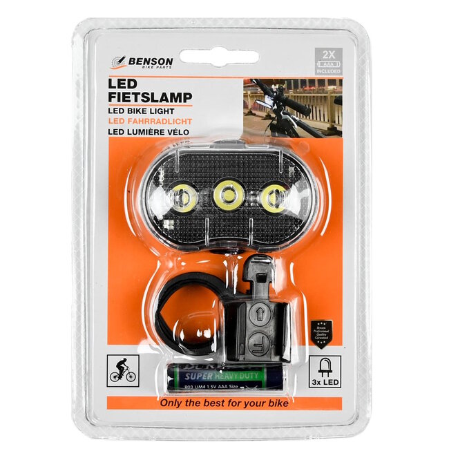 Benson Waterbestendige fietslamp LED - wit - inclusief batterijen - 3 functies