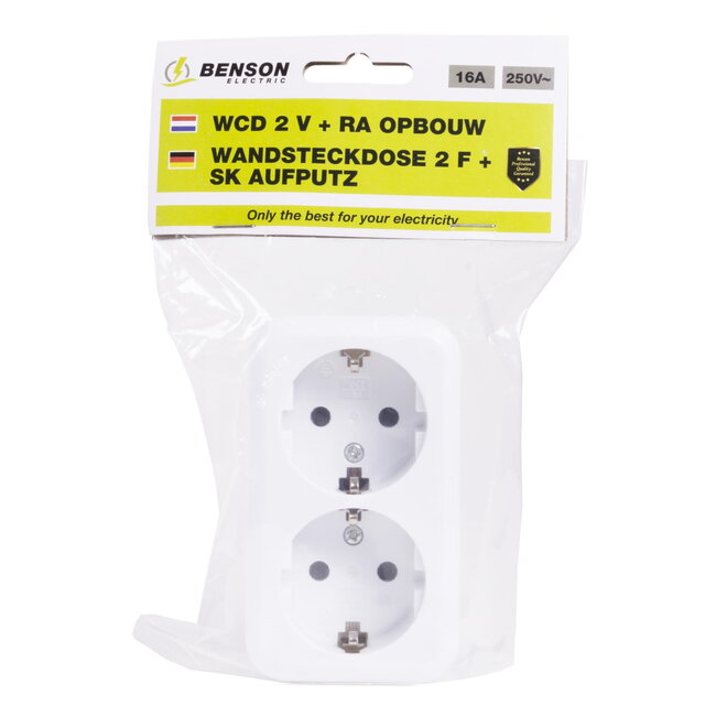 Benson Wandcontactdoos - 2-voudig - Randaarde - Opbouw - Wit - 250V - 16A
