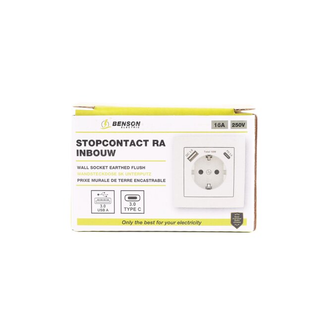 Benson Wandcontactdoos - Stopcontact met randaarde en USB A/C - Inbouw - Wit