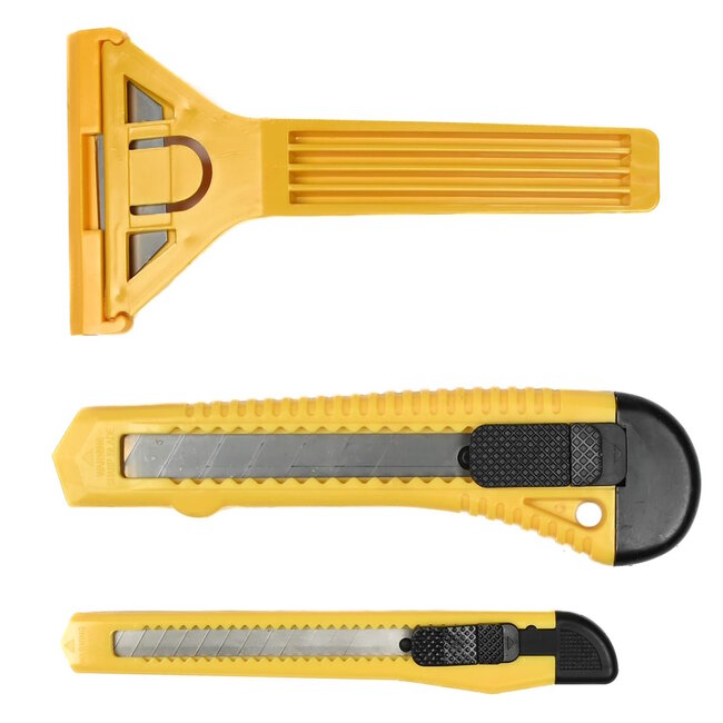 Benson 3-delige set glaskrabber en afbreekmessen - nauwkeurig snijden en reinigen - geel