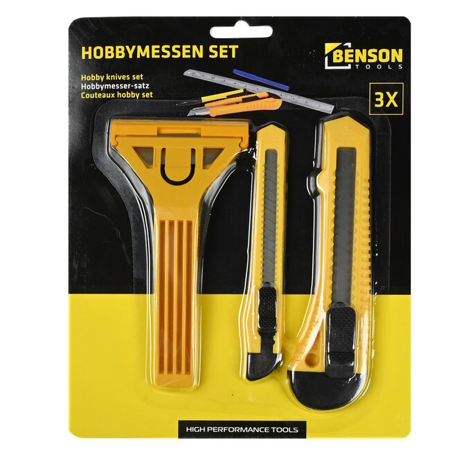 Benson 3-delige set glaskrabber en afbreekmessen - nauwkeurig snijden en reinigen - geel