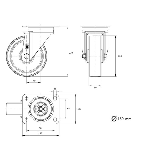 Tarsus Zwenkwiel 160 mm - Slijtvast Rubber - 250 kg Draagvermogen - Blauw