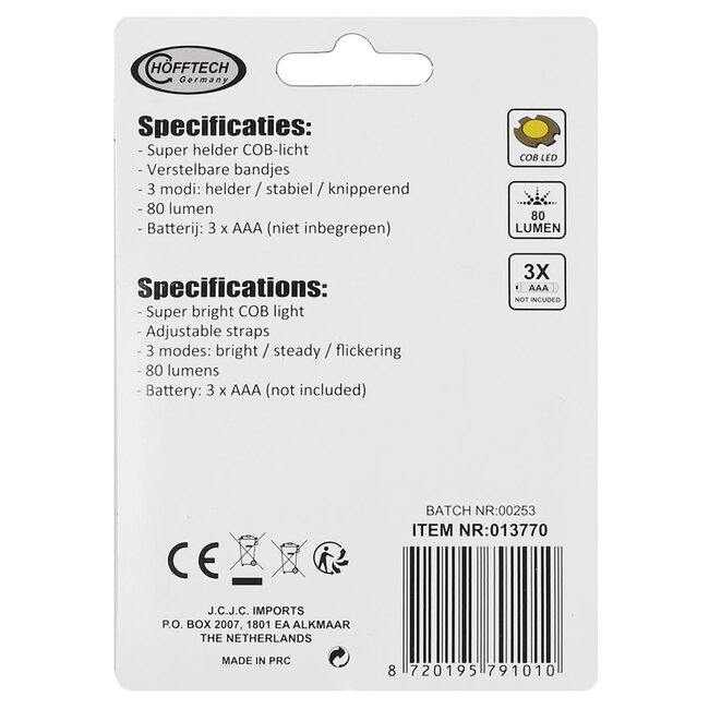 Hofftech Verstelbare LED en COB hoofdlamp - 3 standen - 80 lumen - 2 Watt