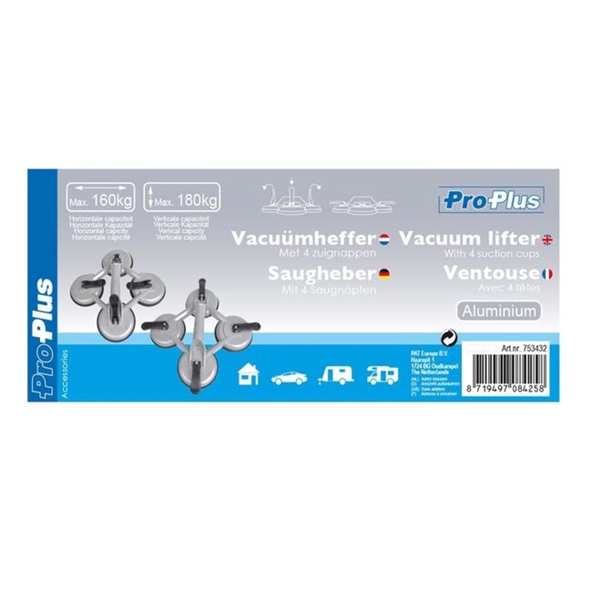 ProPlus Vacuümheffer - Aluminium - 4 zuignappen - Max. 180 kg