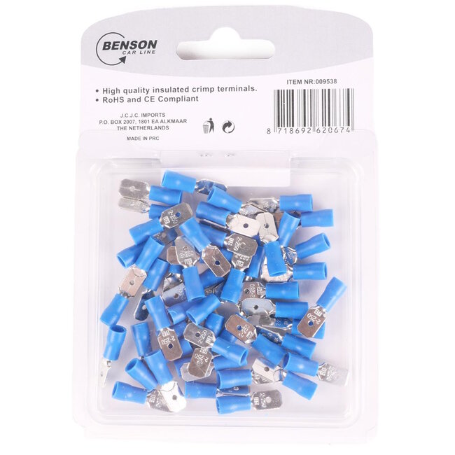 Benson Kabelschoen set - man plat - 2.5 naar 6.3 mm - blauw - 50 stuks