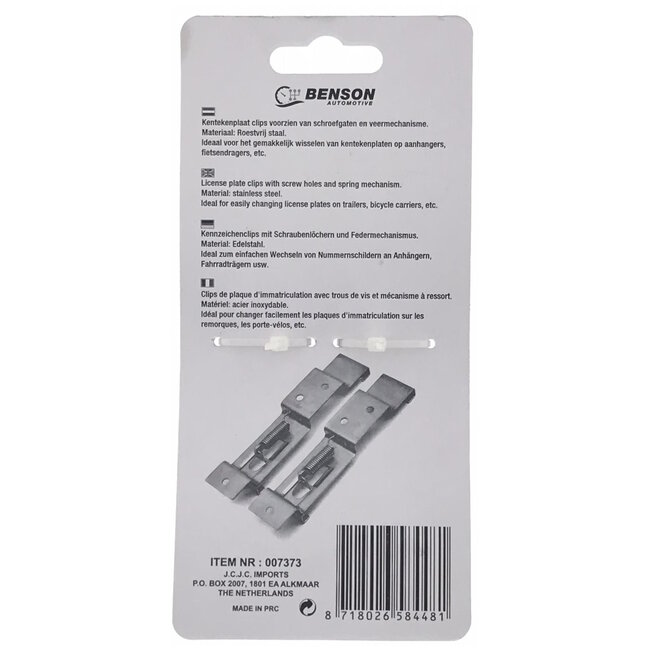 Benson Kentekenplaatclips - RVS - Set van 2 - Met schroefgaten en veermechanisme