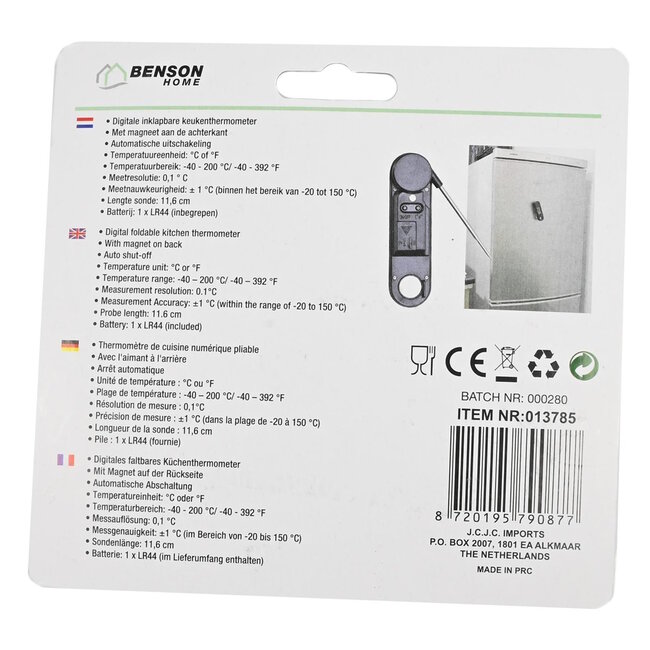 Benson Inklapbare digitale keukenthermometer - Magnetische achterkant - Bereik -40 tot 200°C