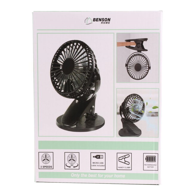 Benson Draagbare ventilator - oplaadbaar - met clip - zwart - lichtgewicht - 3 snelheden