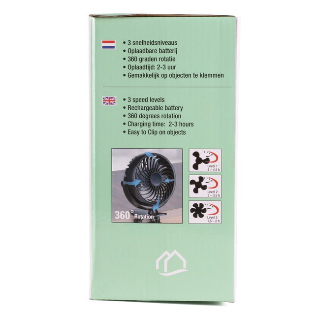 Benson Draagbare ventilator - oplaadbaar - met clip - zwart - lichtgewicht - 3 snelheden