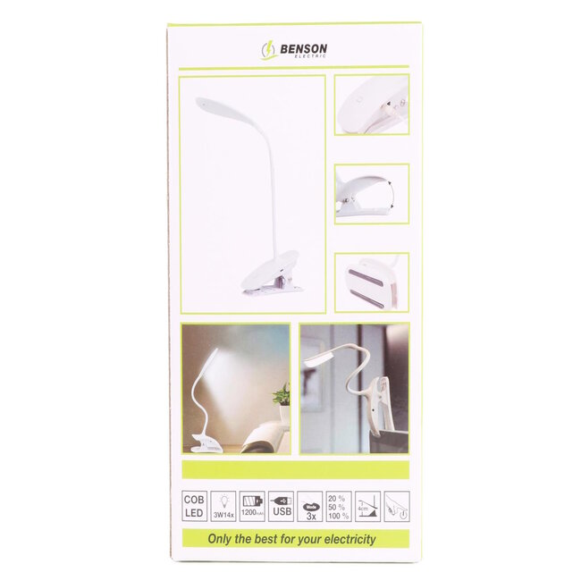 Benson Flexibele LED klemlamp - dimbaar - 3 lichtstanden - USB-oplaadbaar